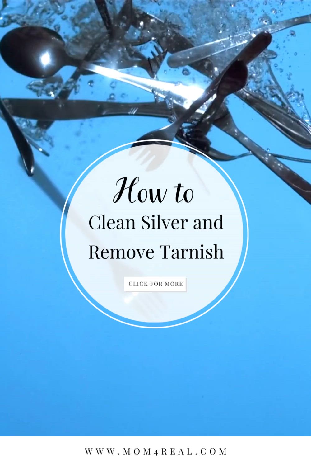 This may contain: the words how to clean silver and remove tarnish on a blue background with utensils