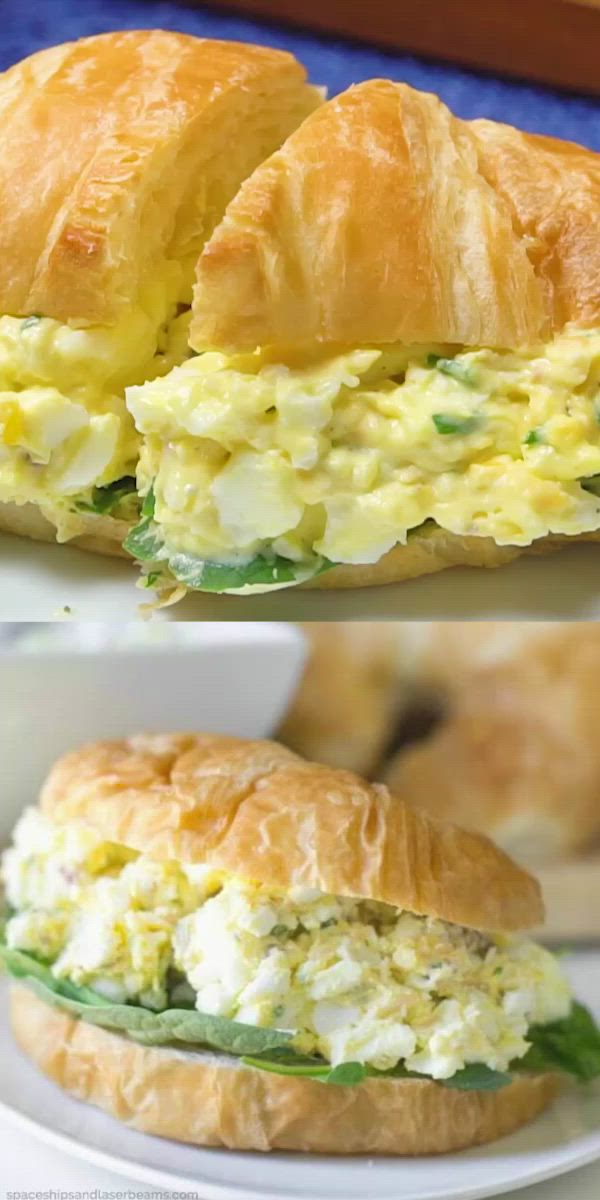 This may contain: two pictures of sandwiches with egg salad on them