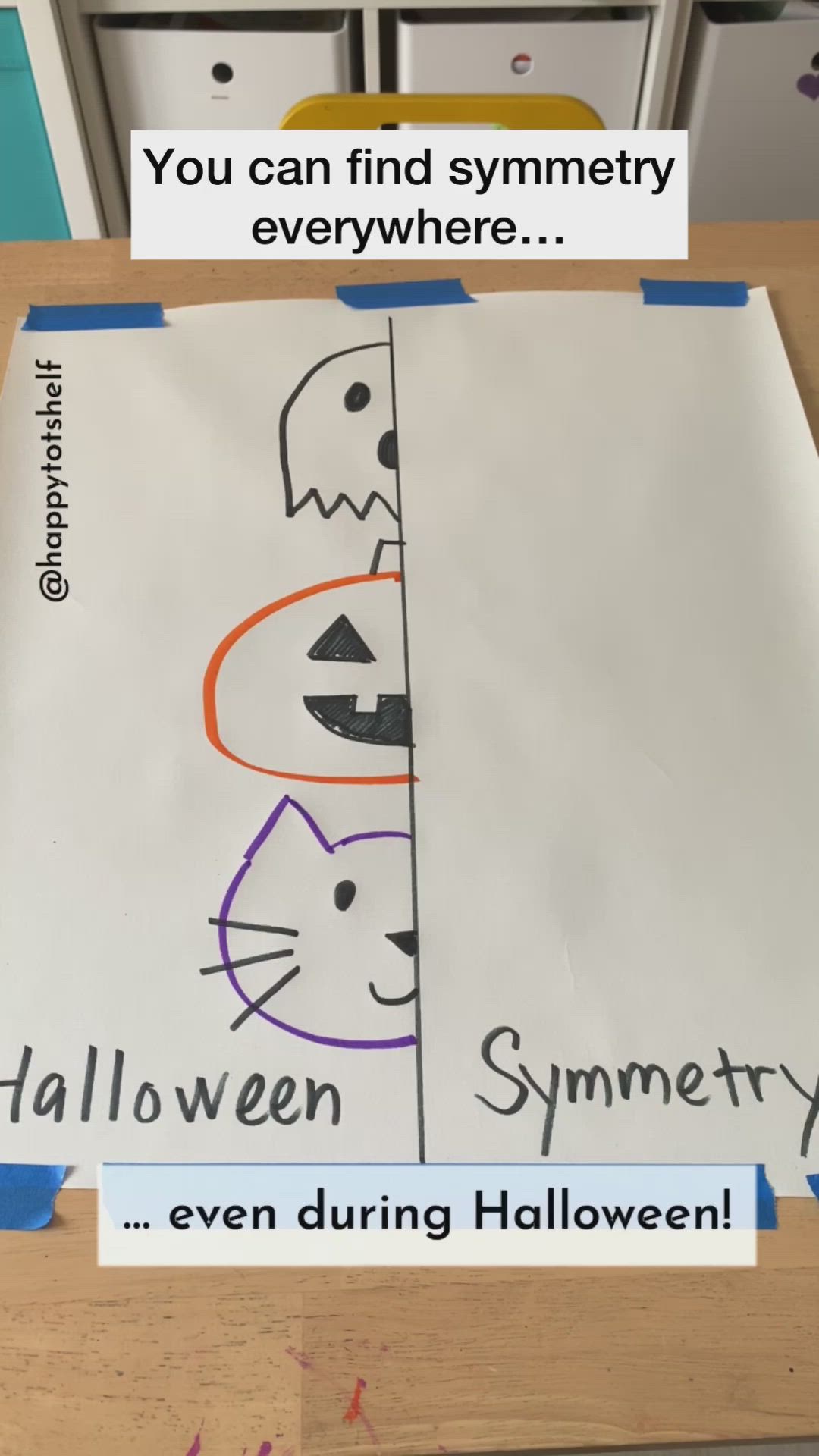 An easy activity for your big kids to explore symmetry, with a Halloween twist! Add a mirror and invite your children to look at the reflections in the mirror. Then draw the other half of the picture. You can easily adapt this activity to use pictures of other objects or animals. Check out more Halloween ideas on my blog.