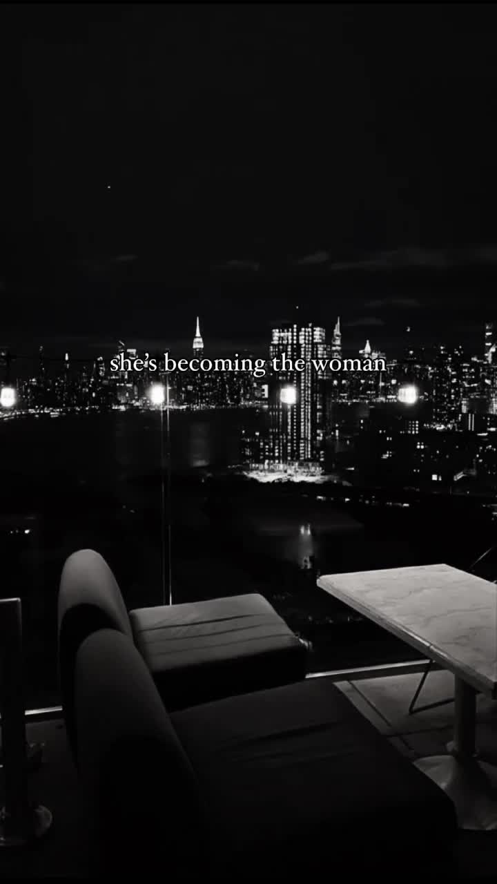 This may contain: black and white photograph of city skyline at night with text saying she's becoming the dawn