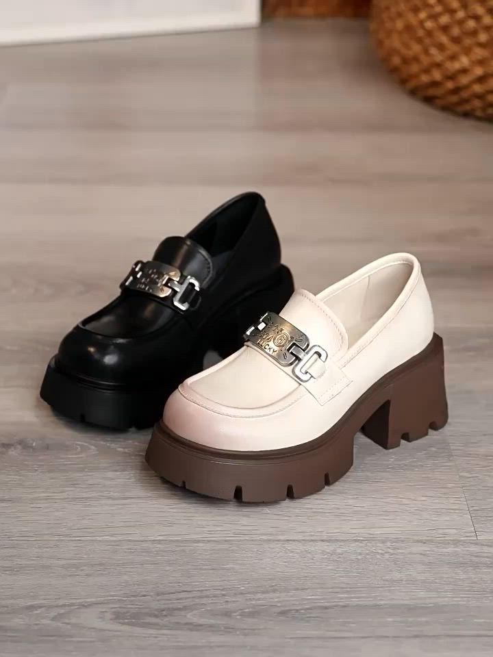 This contains an image of: Women Retro Casual Leather Chunky Platform Loafers