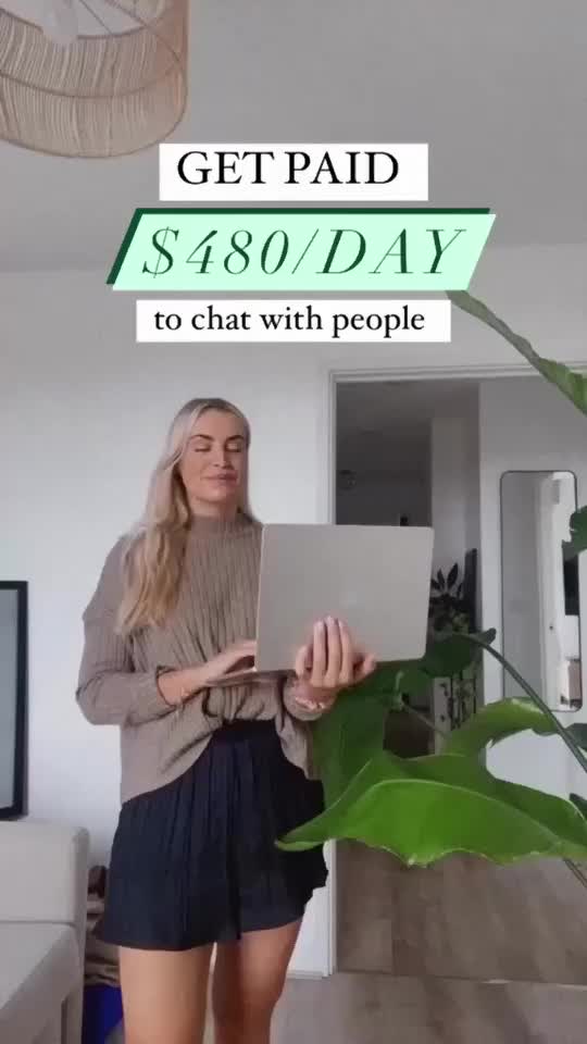 This may contain: a woman standing in front of a laptop computer with the text get paid $ 480 / day to chat with people