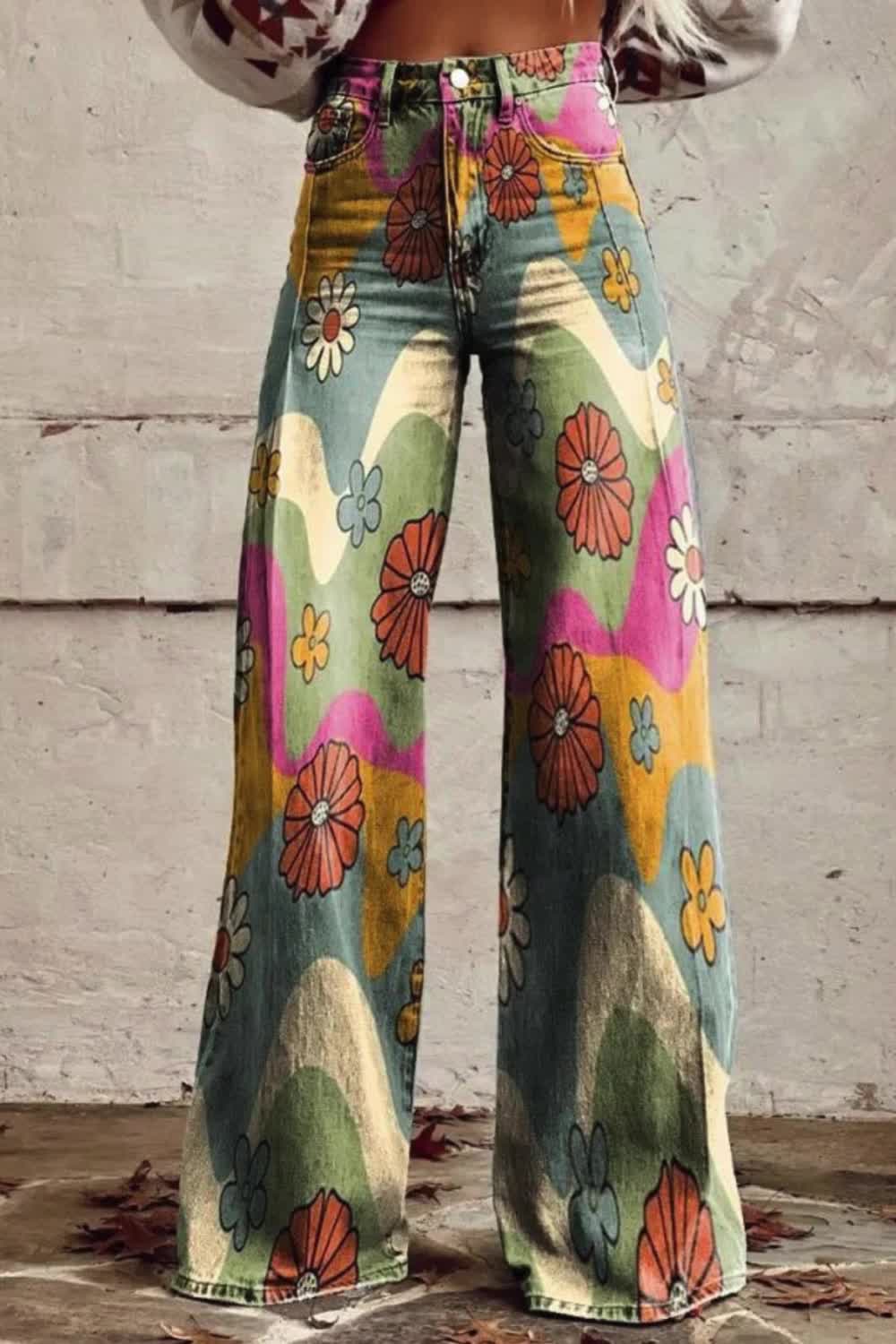 Elevate your casual ensemble with these Women's Vintage Floral Daisy Print Wide Leg Jeans. Featuring a charming floral daisy pattern, these jeans effortlessly blend retro vibes with contemporary style. Perfect for adding a touch of whimsy to your everyday look, they're a must-have for any fashion-forward wardrobe.