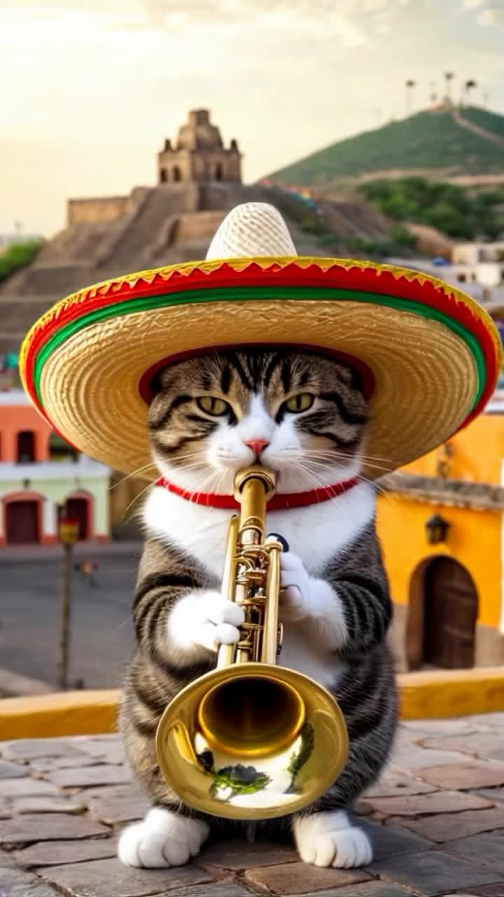 This may contain: a cat wearing a sombrero and playing a trumpet in front of the camera