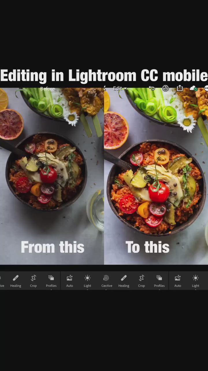 This may contain: two pictures showing different food items in the same photo, and one with text reading editing in lightroom cc mobile