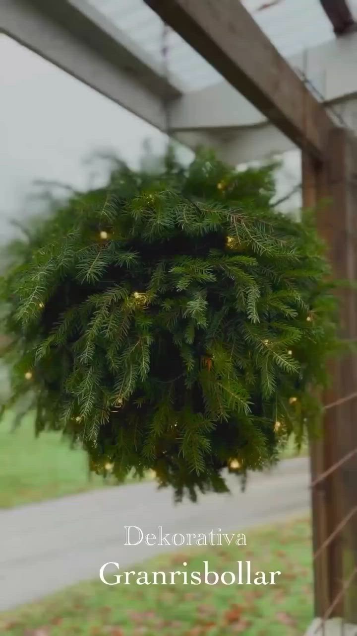 This may contain: a christmas wreath hanging from the side of a wooden fence next to a road and grass field