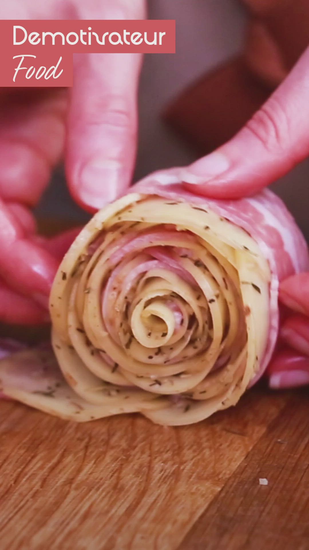 This may contain: someone is peeling an onion on top of a wooden table with text overlay that reads demonstration food