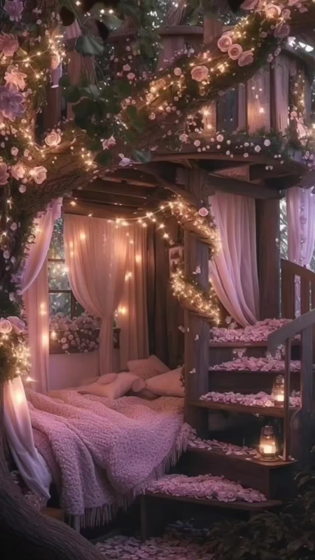 This may contain: a tree house bed with lights on the ceiling and stairs leading up to it's roof