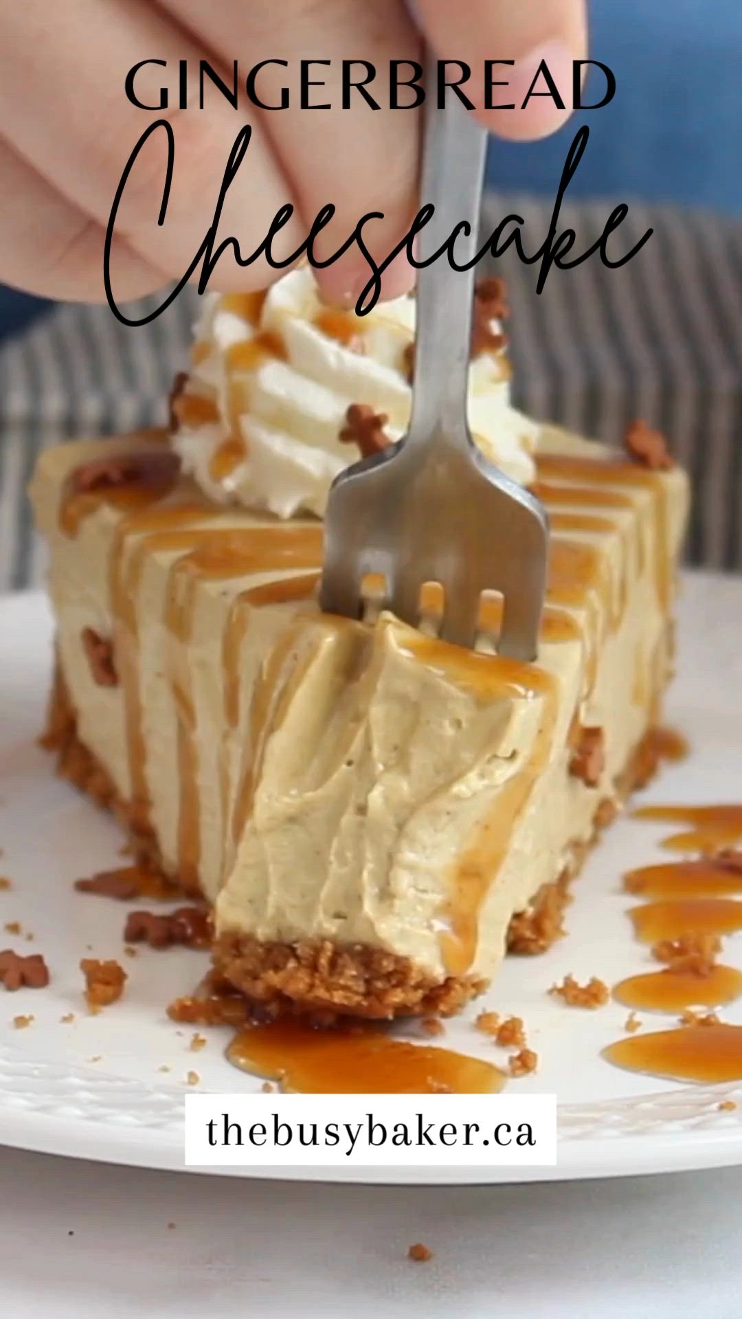 This may contain: a piece of cheesecake with caramel drizzle and whipped cream on top