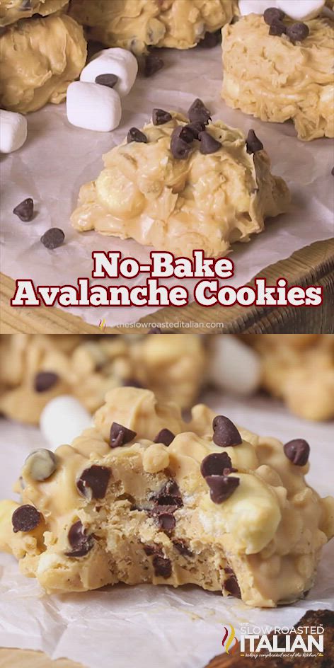 This may contain: no bake avalanche cookies with chocolate chips and marshmallows