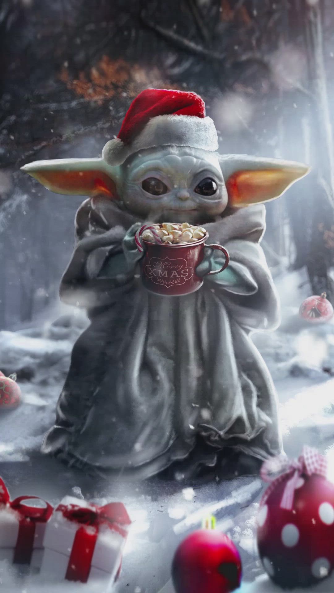 This may contain: a baby yoda holding a cup in the snow with christmas decorations around it and presents