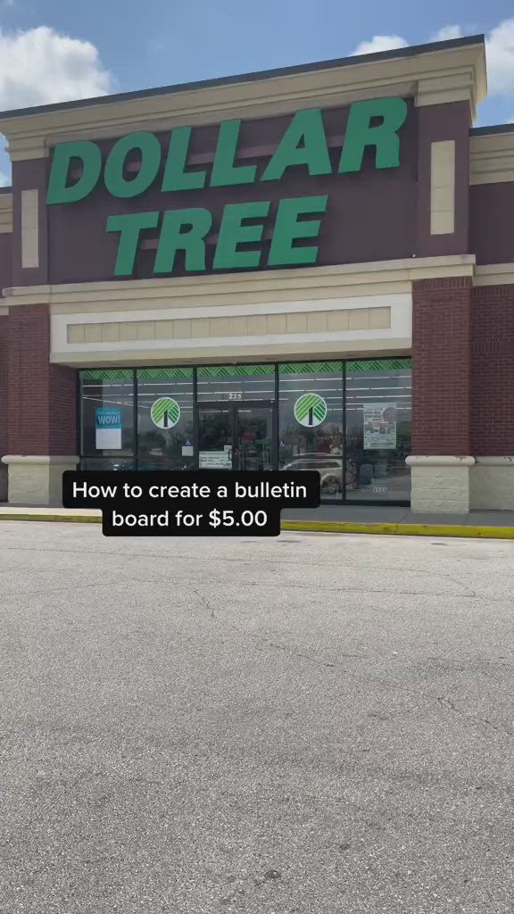 This may contain: a dollar tree store front with the words create a bulletin on a wall with no bulletin board