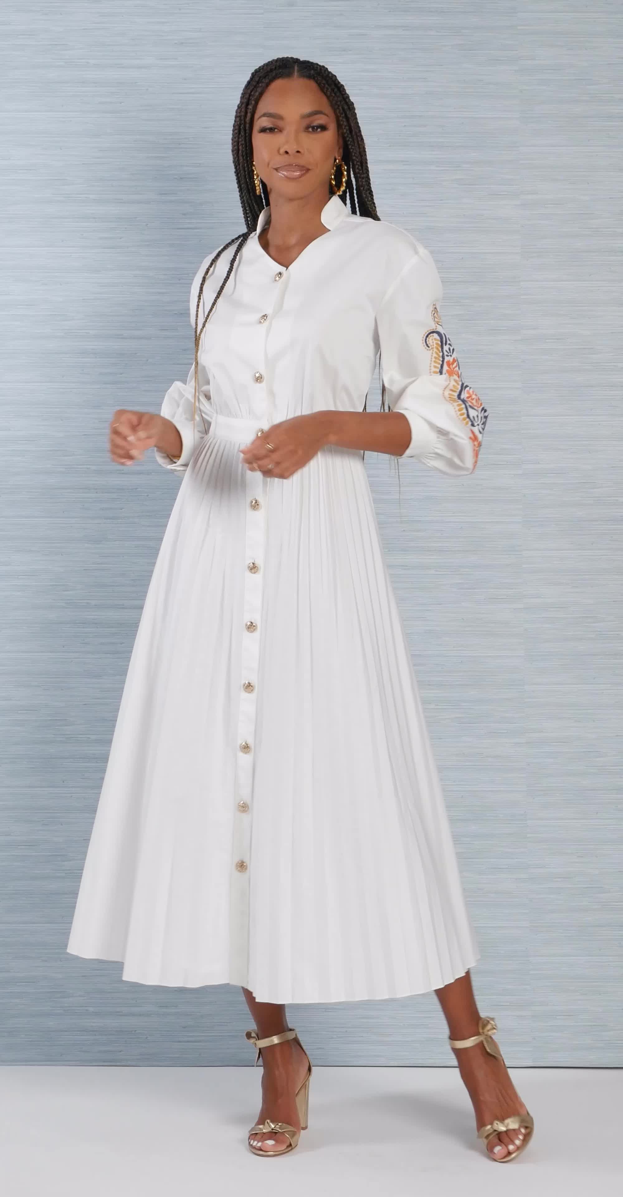 The color white and multicolor embroidery on the sleeves of this 54" dress are the perfect duo for purity and femininity. It is enhanced with the pleated skirt that will sway with you and gold buttons that flow down the front.