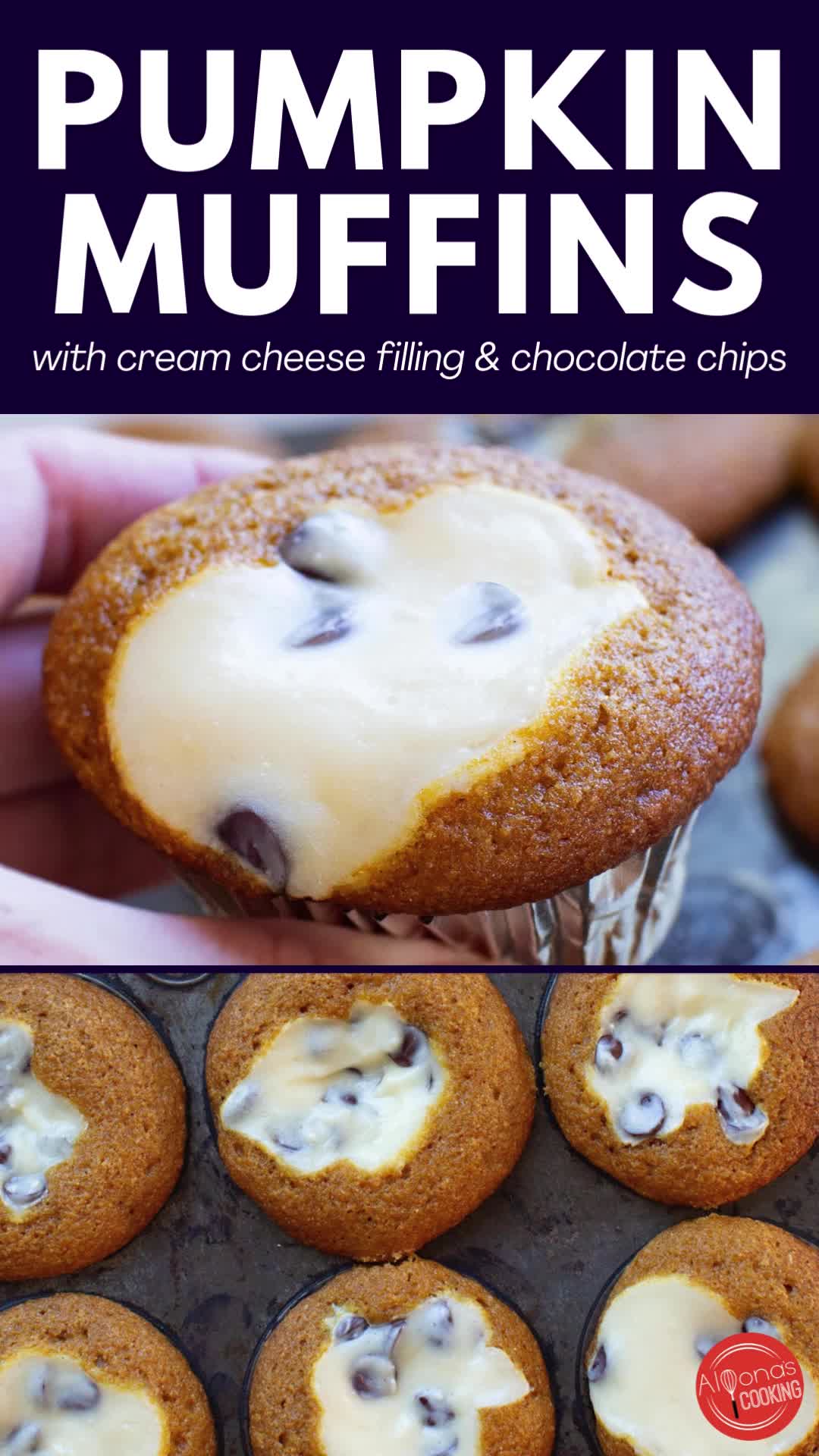 This contains: Want to try something different for Christmas morning breakfast? These pumpkin cream cheese muffins is filled with a tangy cream cheese filling and sweet chocolate chips! These moist pumpkin muffins with a cheesecake middle are sure to impress, everyone loves this pumpkin muffin recipe even kids! These easy to make muffins are ideal to serve as a Thanksgiving treat, tea time snack or breakfast idea. You can even make them into healthy pumpkin muffins by using whole wheat flour.