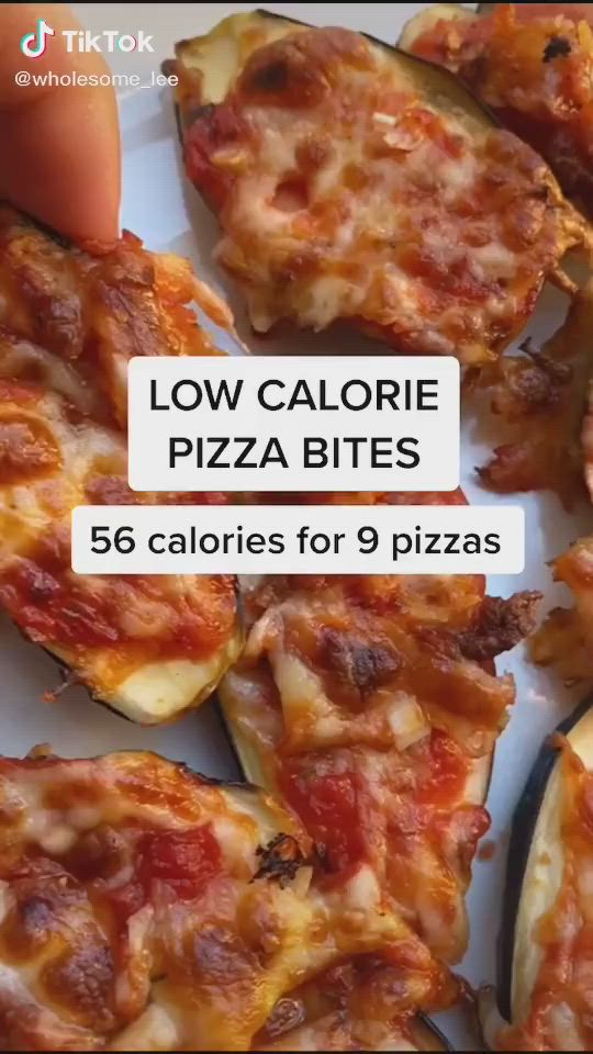 This may contain: low calorie pizza bites are arranged on a white plate with the title below