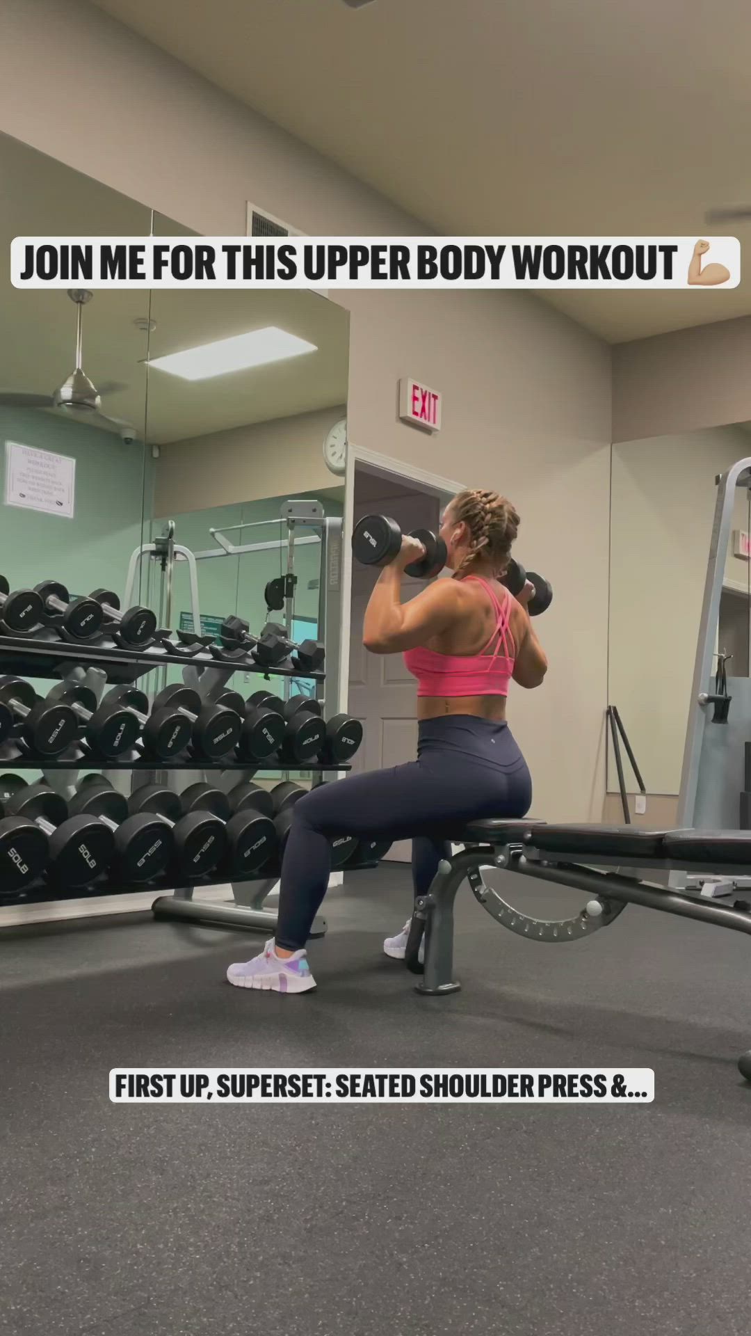 This may contain: a woman squats on a bench with dumbbells in front of her and the words join me for this upper body workout