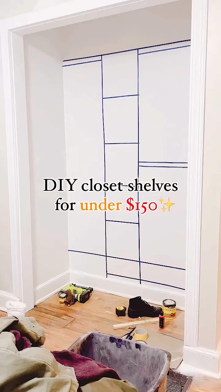 This may contain: an empty closet with clothes on the floor and shoes scattered around it in front of a wall that says diy closet shelves for under $ 350