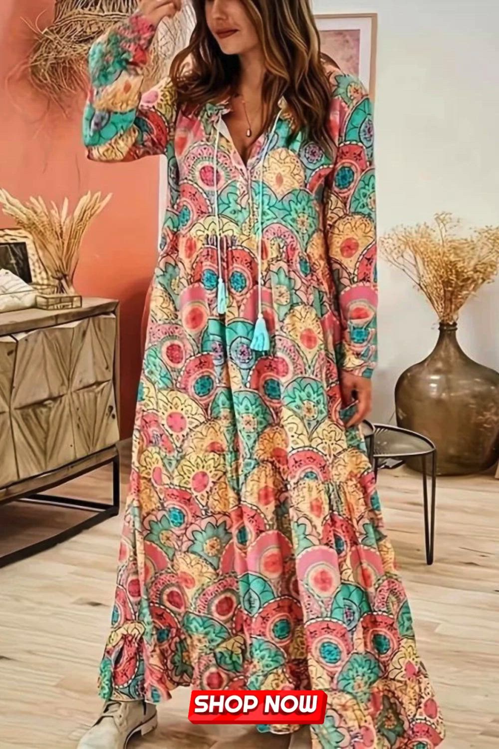 Elevate your boho-chic style with this Mandala Floral Print Dress. Featuring intricate mandala patterns, the dress exudes a free-spirited charm. The drawstring detailing and long sleeves enhance the bohemian allure, while the flowing maxi length adds an extra touch of grace. Embrace the essence of carefree elegance.