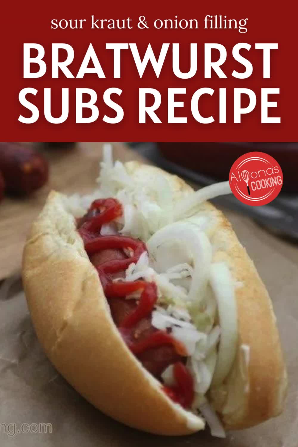 This contains: These bratwurst subs are no ordinary hot dogs and buns. If you are in the mood for some bratwurst, these really good sausages in a bun filled with sour kraut, onions, mayo, and ketchup are perfect for lunch. Click the link for this easy dinner recipe, ideal for busy week nights or when you need a quick and satisfying meal.