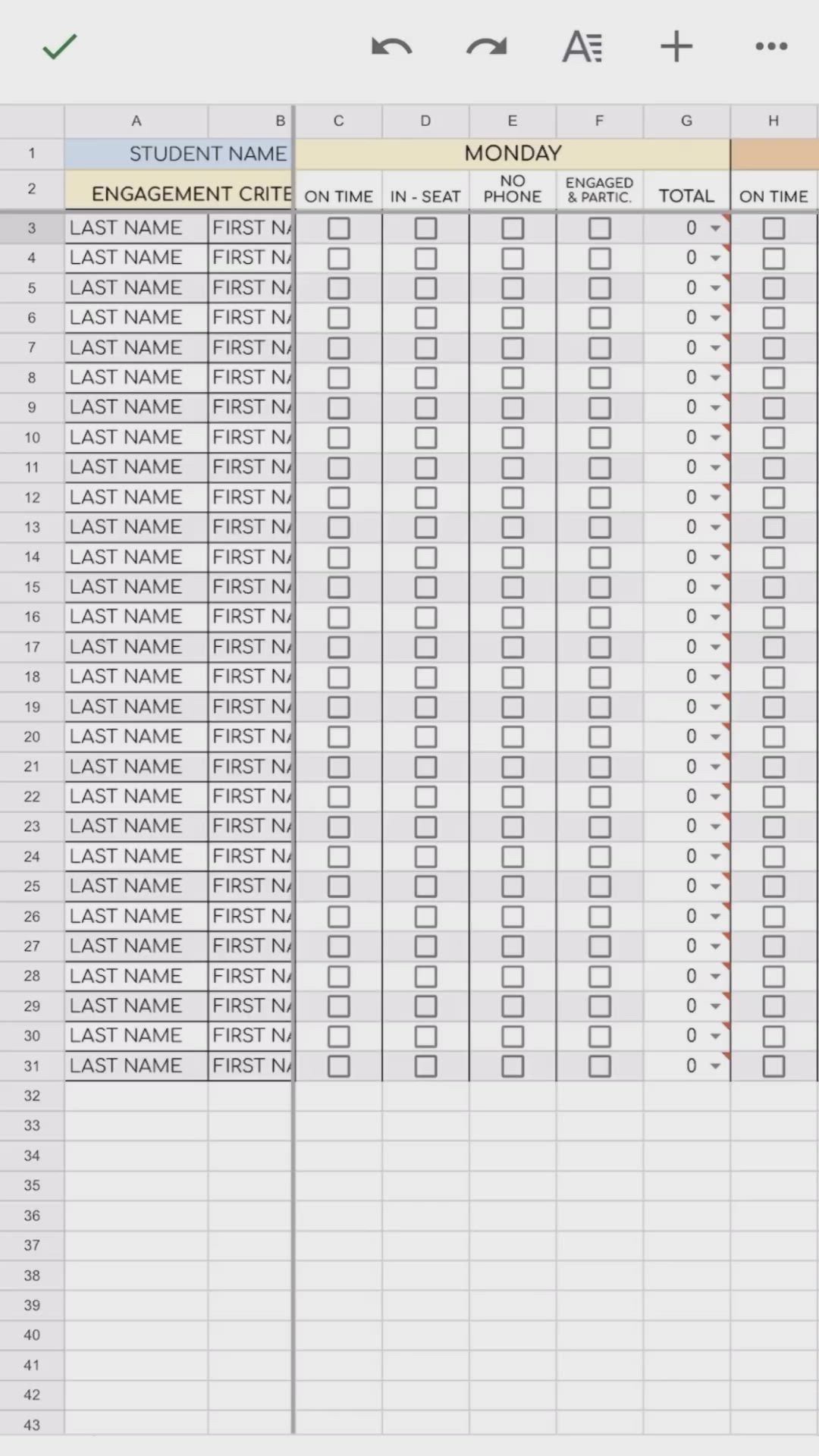 This may contain: a spreadsheet showing the student name and time for each class to be completed