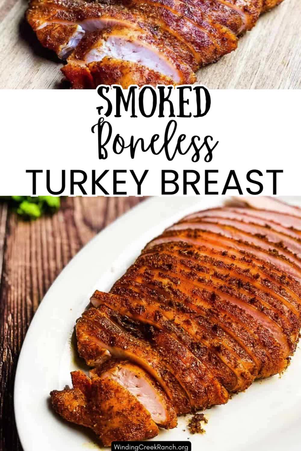 This contains: Smoked boneless turkey breast sliced on a cutting board, showcasing a juicy, tender interior.