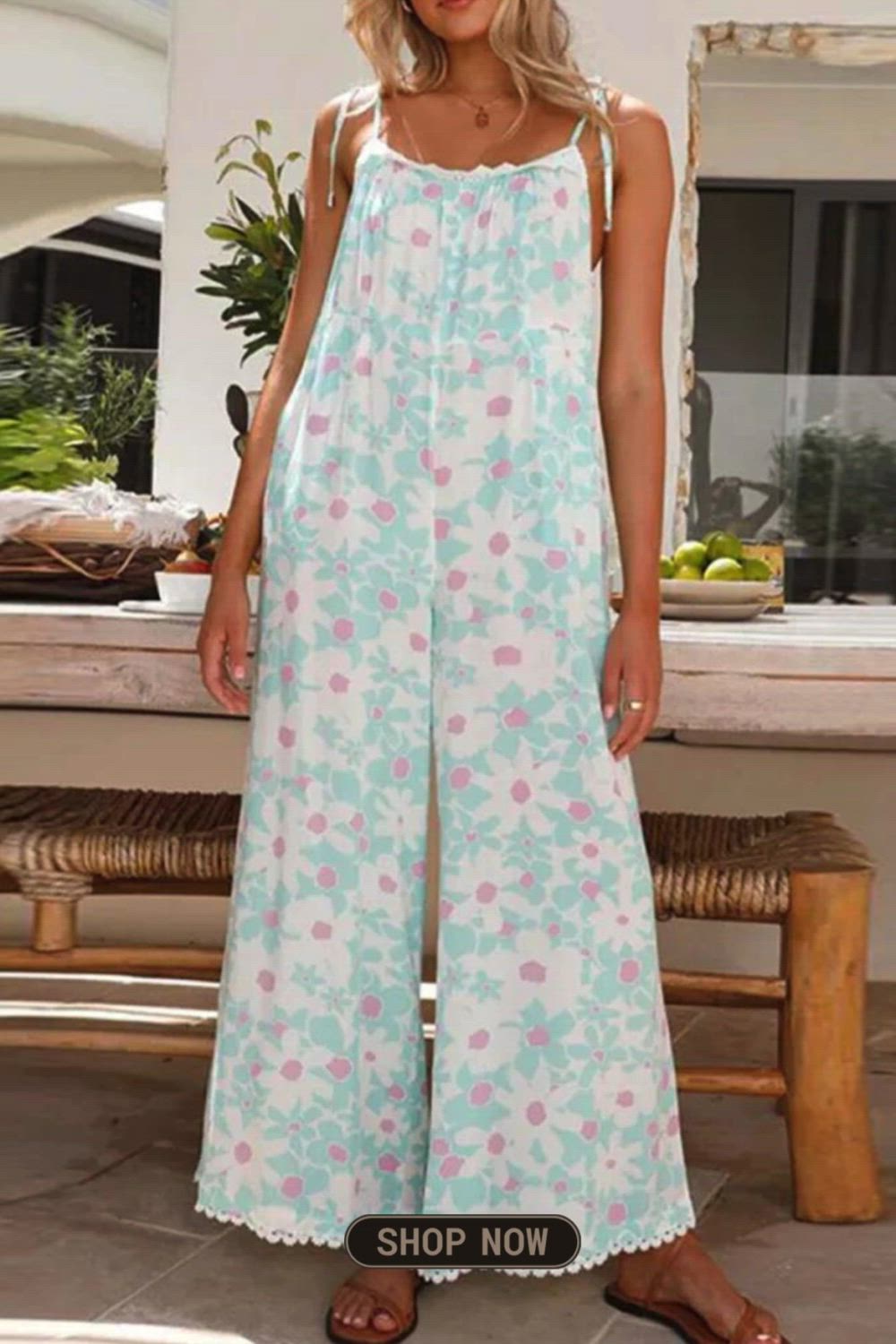 Casual Sweet Floral Backless U Neck Loose Jumpsuits