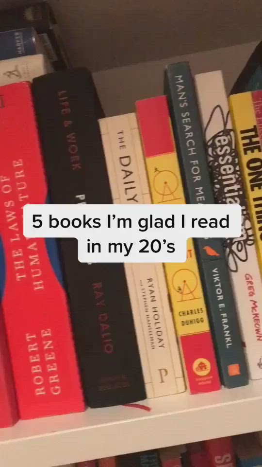 This may contain: a book shelf filled with lots of books and the words 5 books i'm glad i read in my 20's