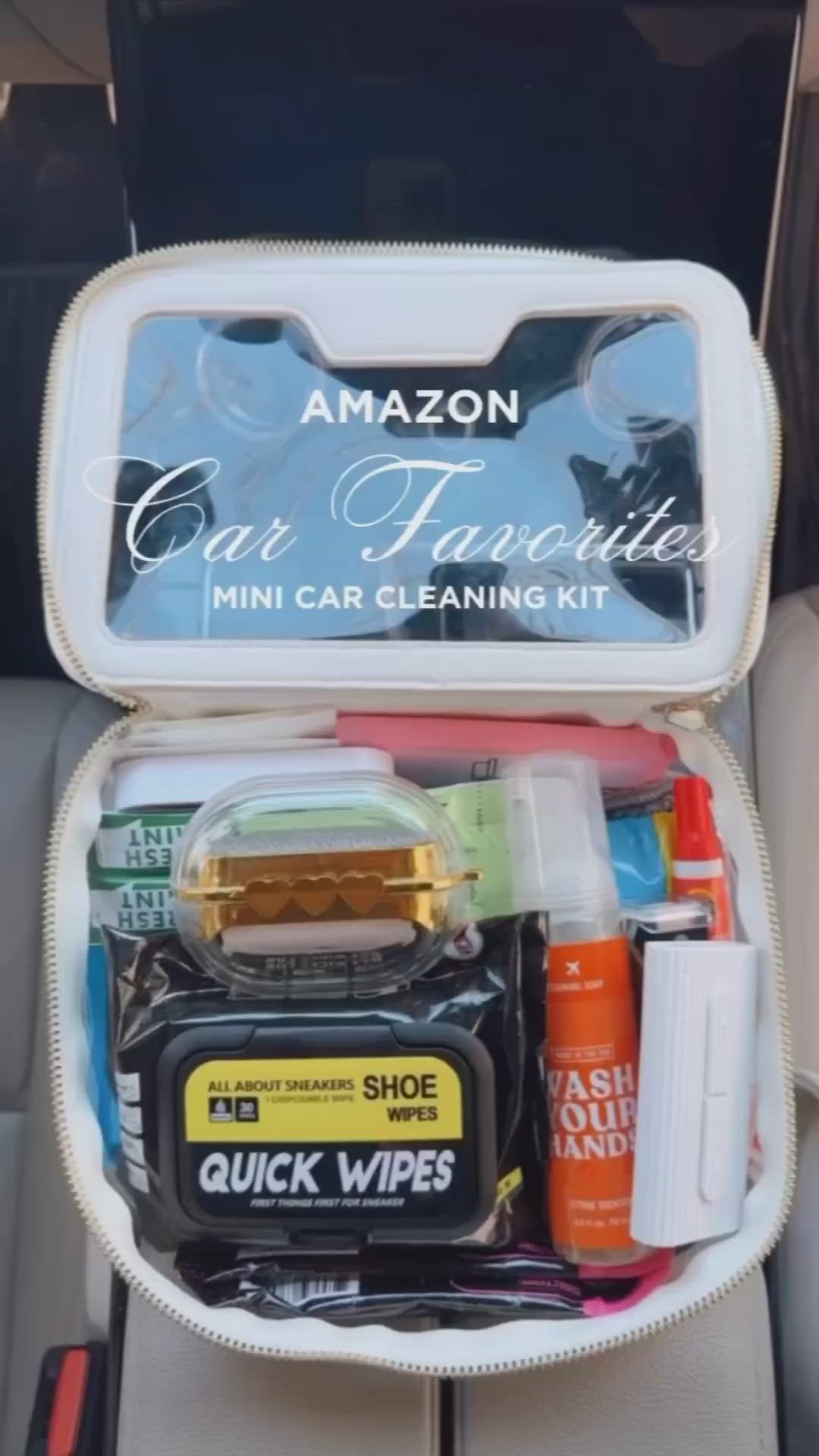 This may contain: an open car trunk filled with various items in the passenger side seat, including toothbrushes and other personal care products