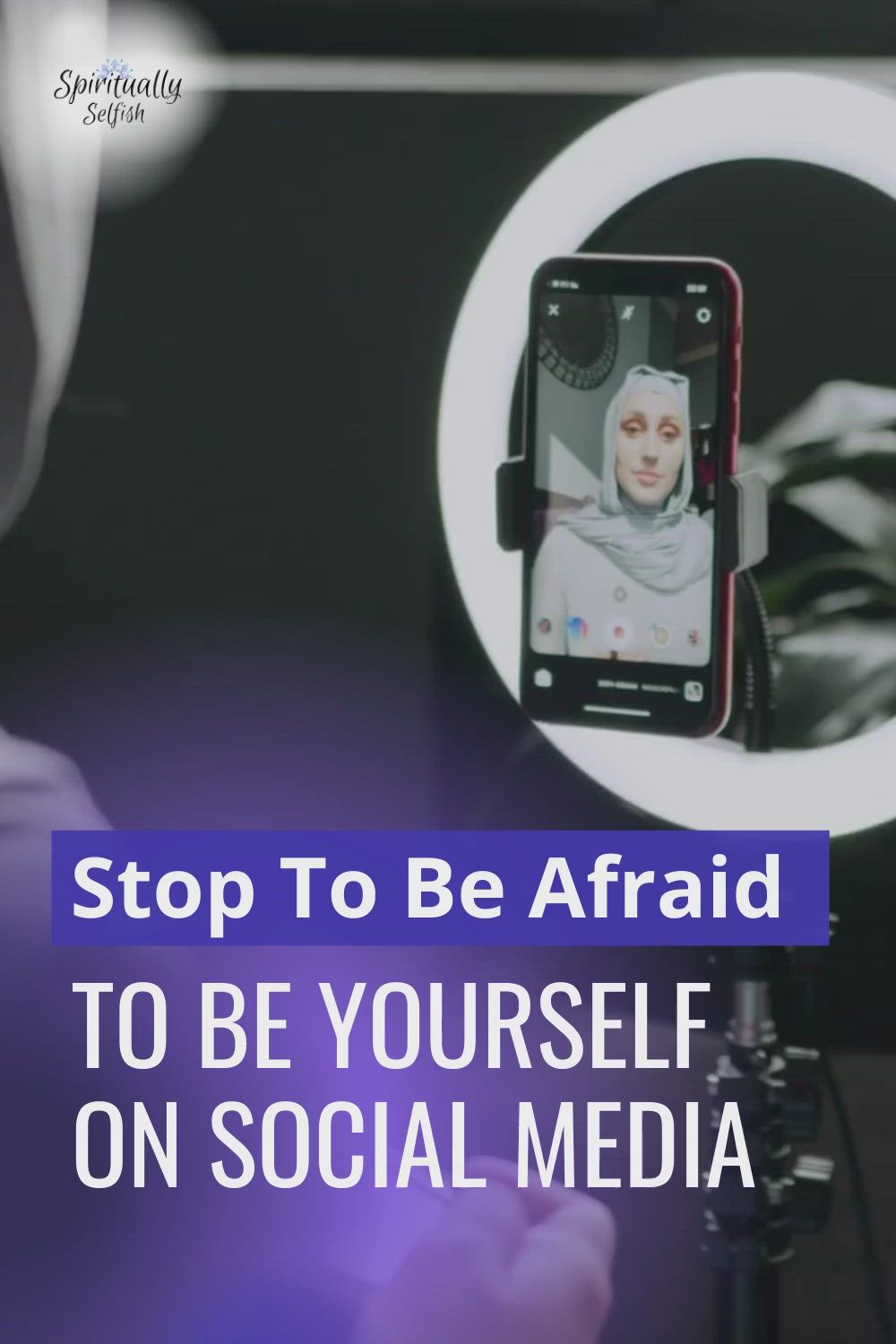 This may contain: a woman taking a photo with her cell phone and the words stop to be afraid to be yourself on social media