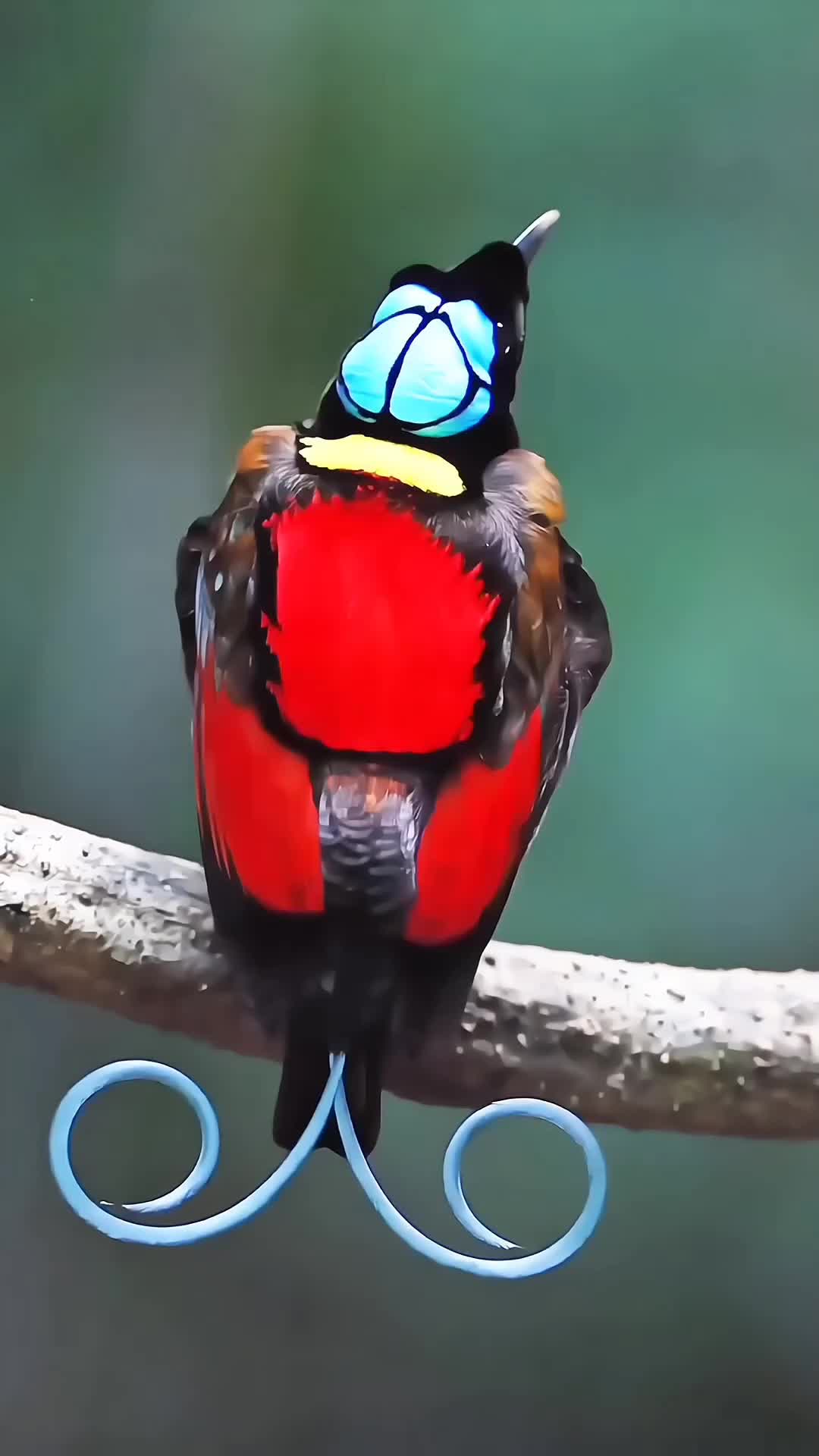 This may contain: a colorful bird sitting on top of a tree branch next to a blue object in its beak