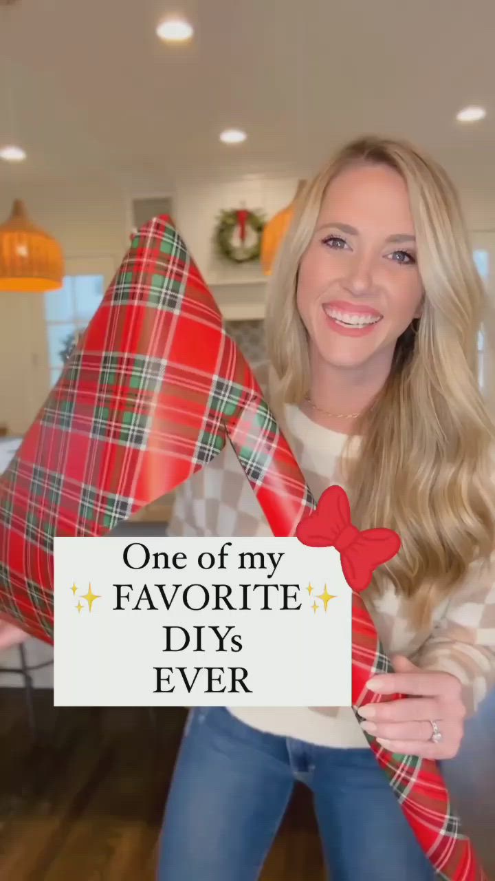 This may contain: a woman holding a red and green plaid pillow with the words, one of my favorite diy's ever