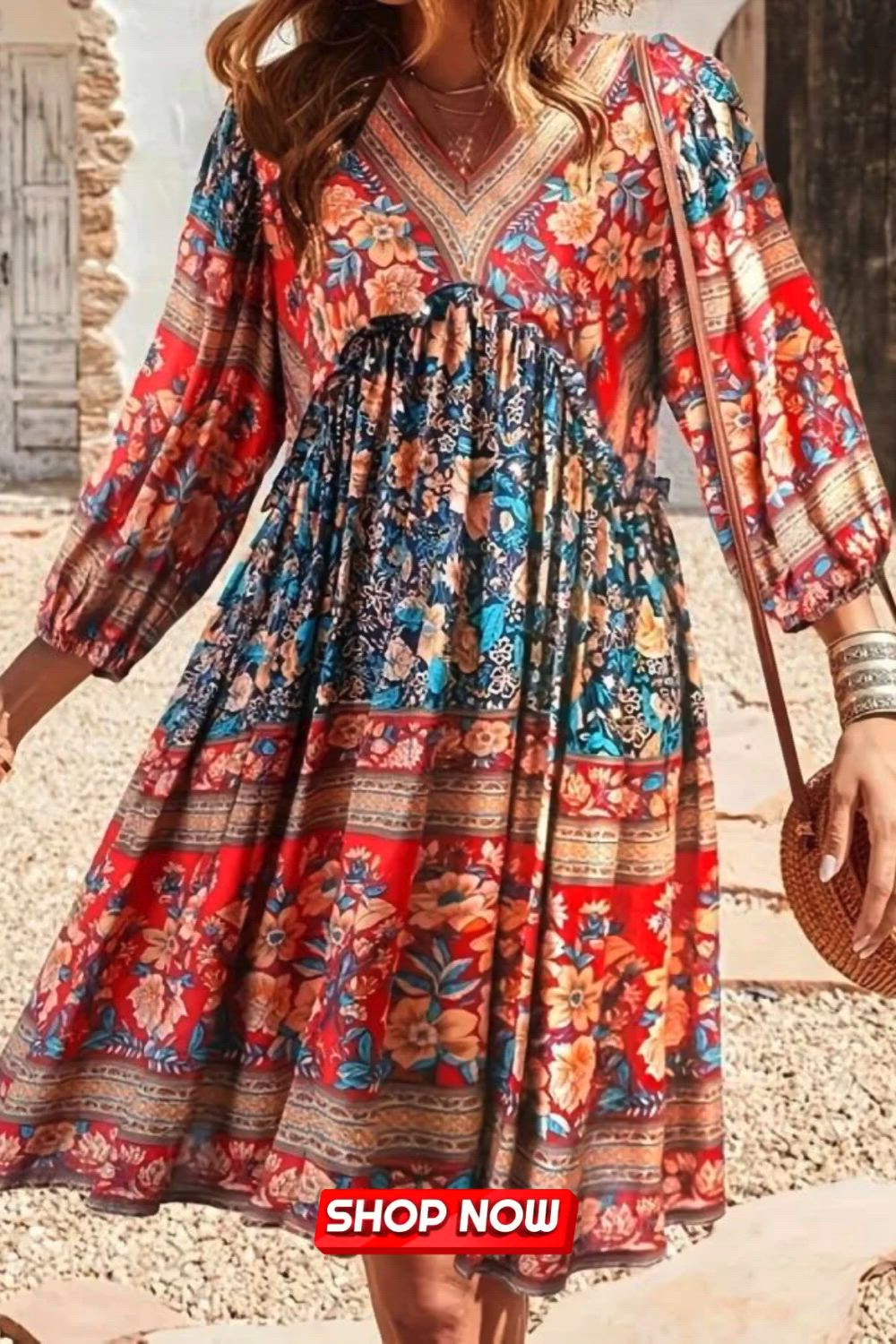 Floral Print V Neck Dress, Boho Long Sleeve Dress For Spring & Fall