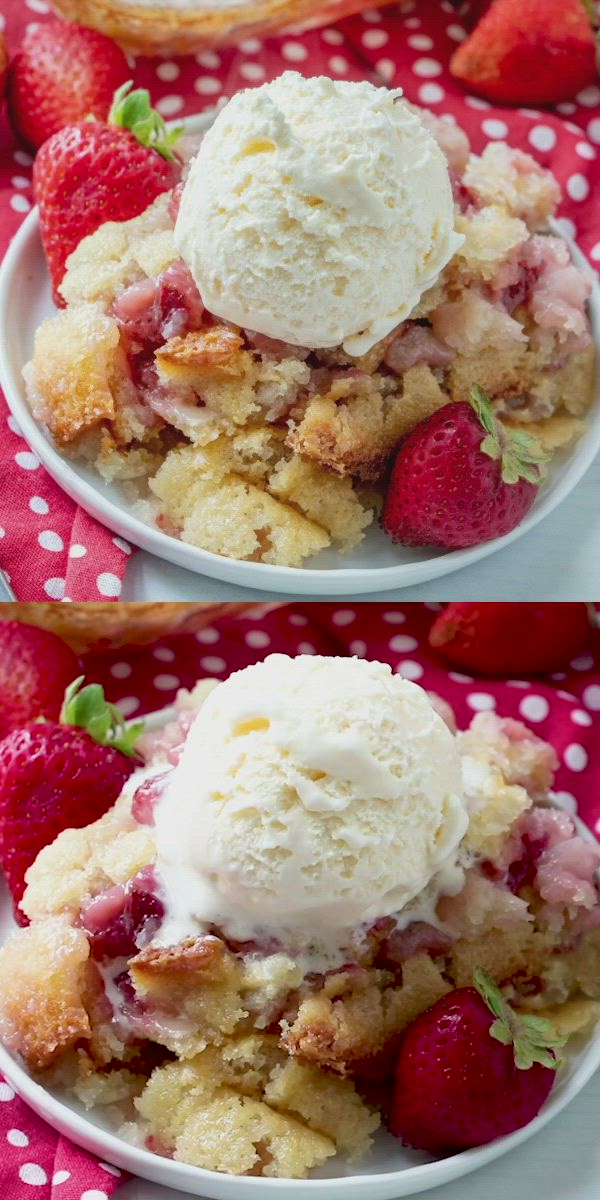 This may contain: two plates with strawberry cobbler and ice cream on them