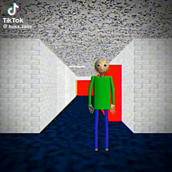 This may contain: a cartoon character is standing in a room with red and blue walls, while the image appears to be an alien