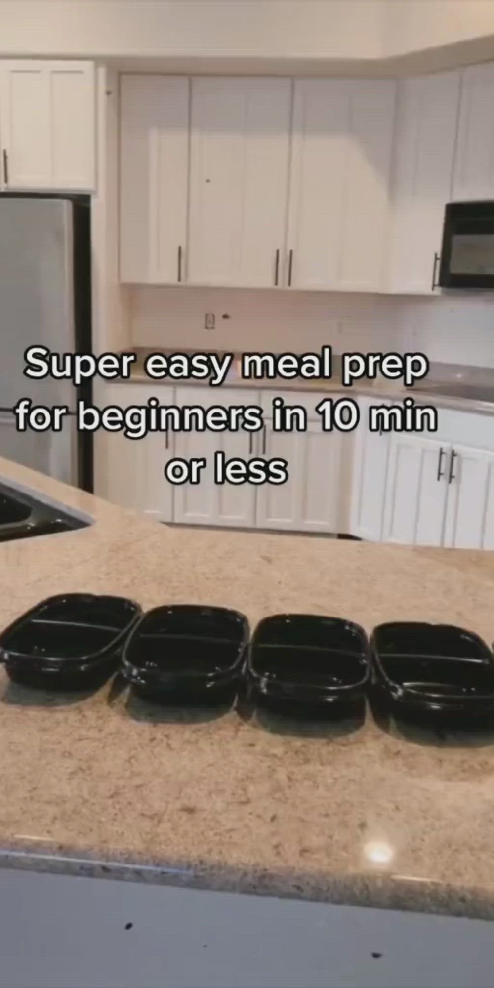 This may contain: four black dog bowls sitting on top of a kitchen counter with the words, easy meal prep in less than 10 minutes