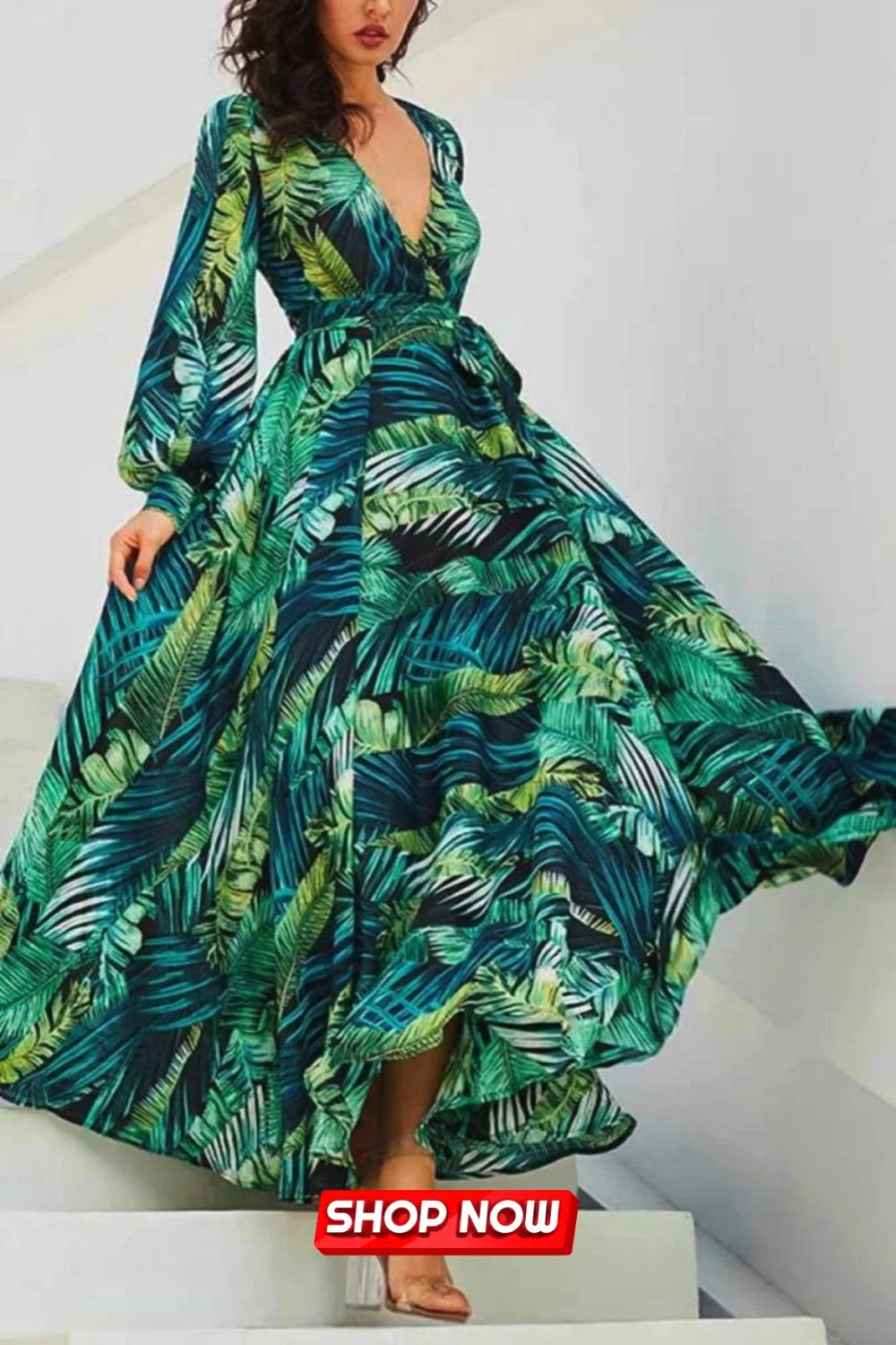 Embrace the allure of nature in this V-neck maxi dress adorned with a graceful leaf print. The V-neckline adds a touch of sophistication, while the flowing silhouette exudes an effortless charm. Elevate your style with this botanical-inspired ensemble, perfect for any casual yet chic occasion.