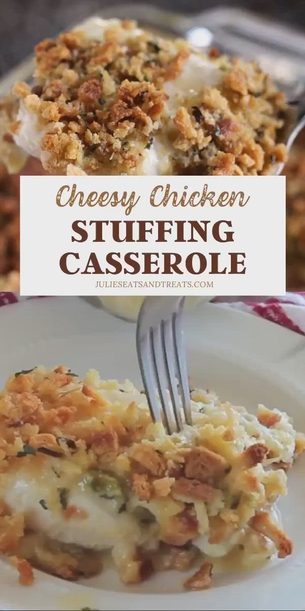 This may contain: cheesy chicken stuffing casserole on a plate with a fork