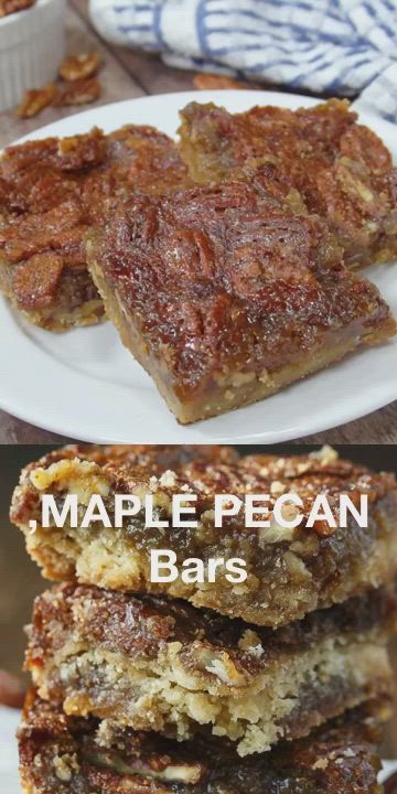 This may contain: maple pecan bars stacked on top of each other with the words maple pecan bars below