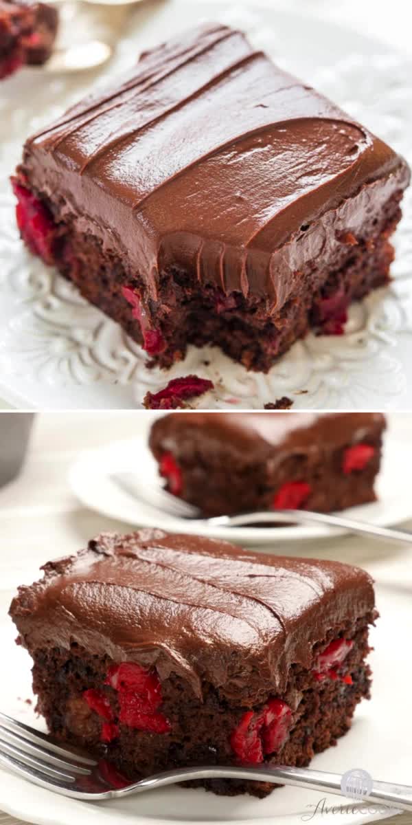 This contains: One of the best dessert recipes ever! This easy baked good is a cake idea with boxed mix and cherry pie filling. Supremely moist and tender with homemade chocolate frosting, this Triple Chocolate Cherry Cake is so good!