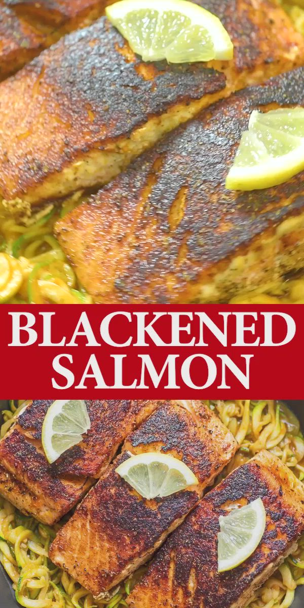 This may contain: blackened salmon is served with noodles and lemon wedges on the side for an easy dinner