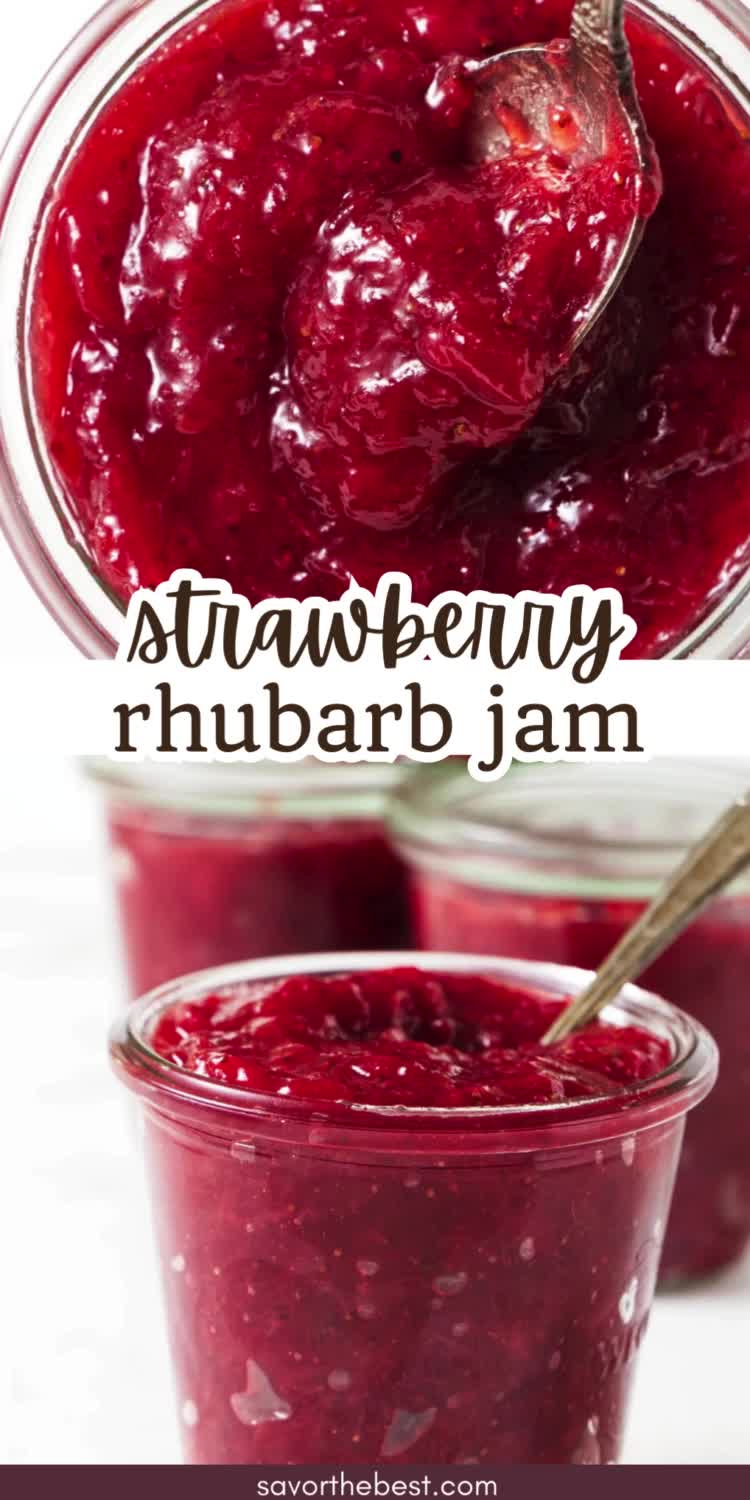 This contains: A jar of strawberry rhubarb jam.