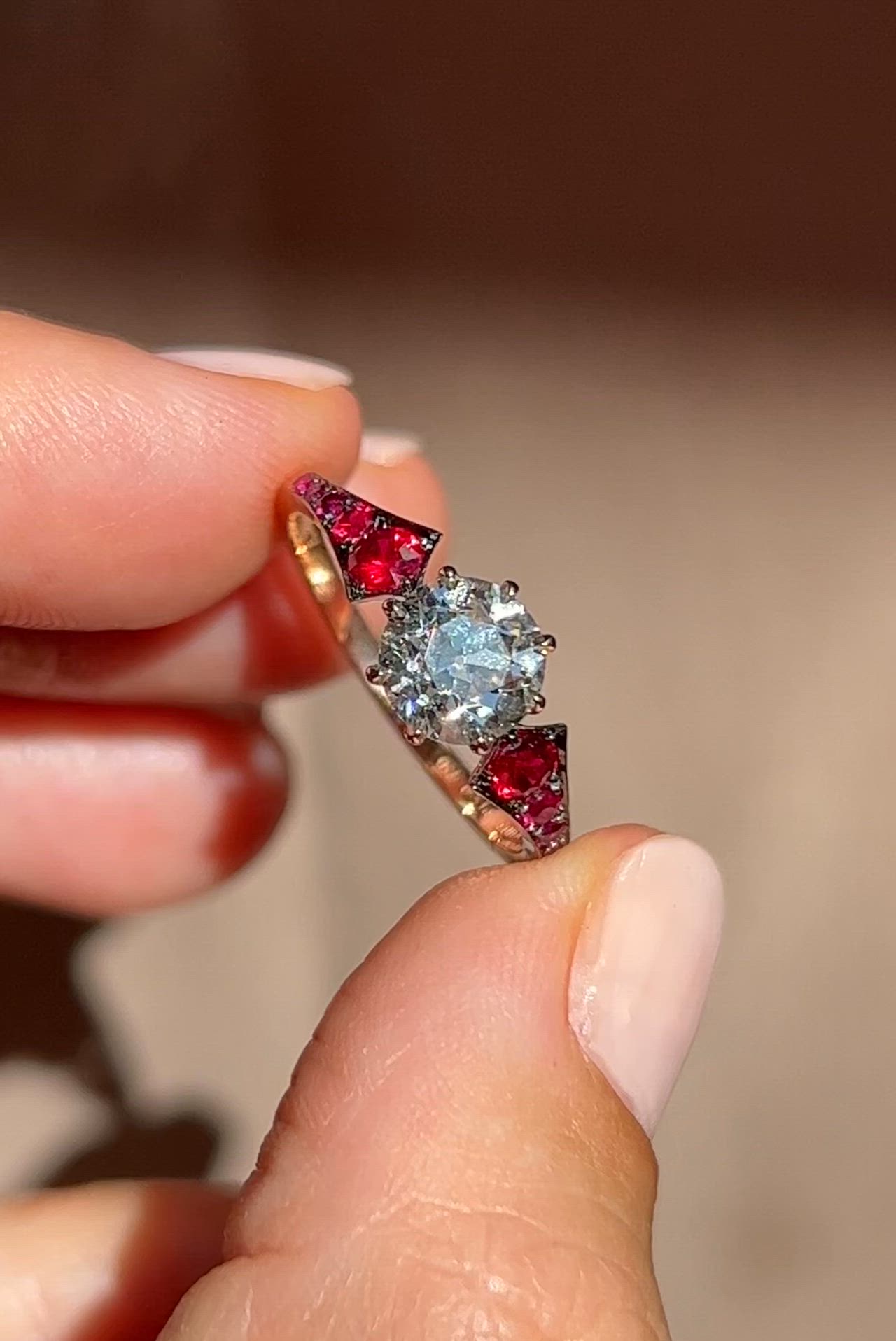 This contains an image of: Ruby Wings Antique Old European Diamond & Ruby Engagement Ring