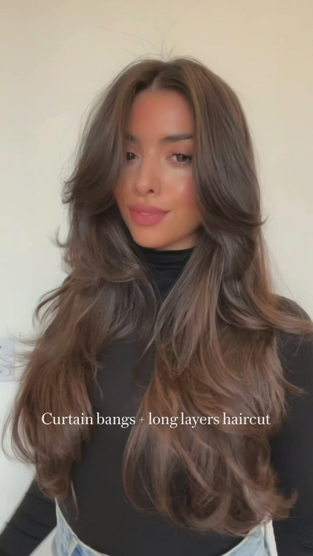 This contains an image of: Curtain bangs + long layers haircut