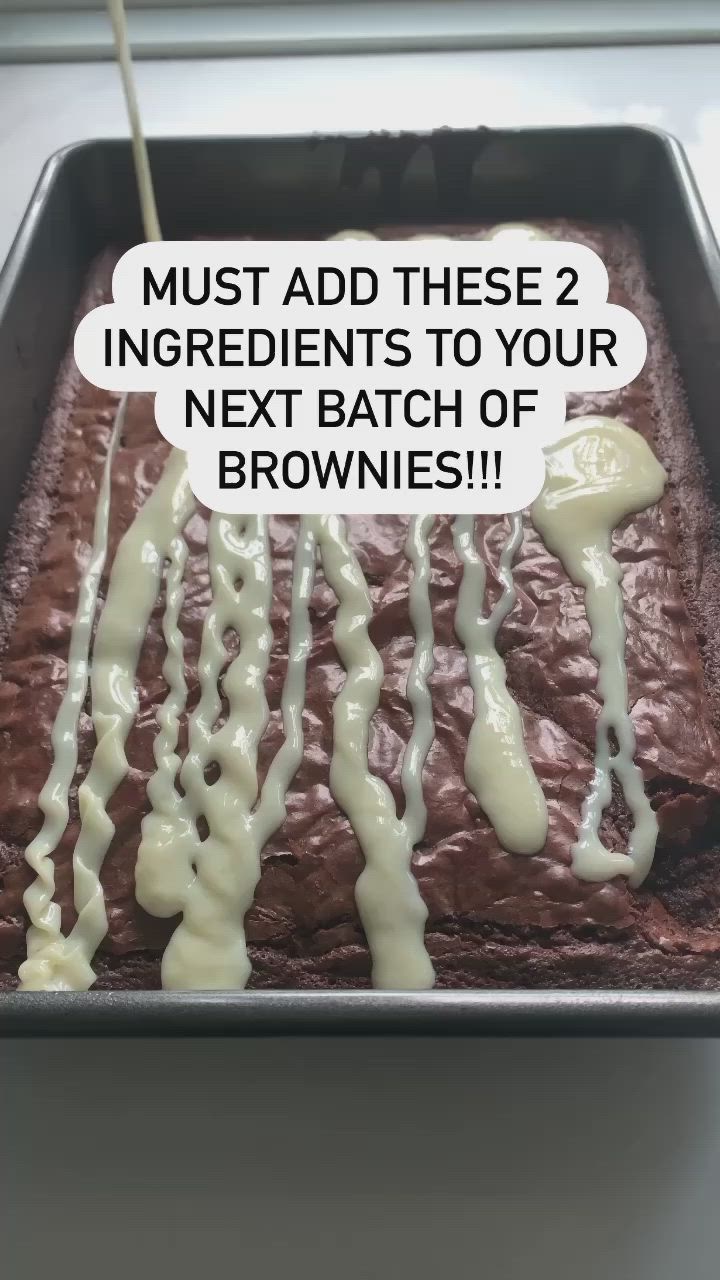 This may contain: a chocolate cake with white icing on it and the words must add these 2 ingredients to your next batch of brownies