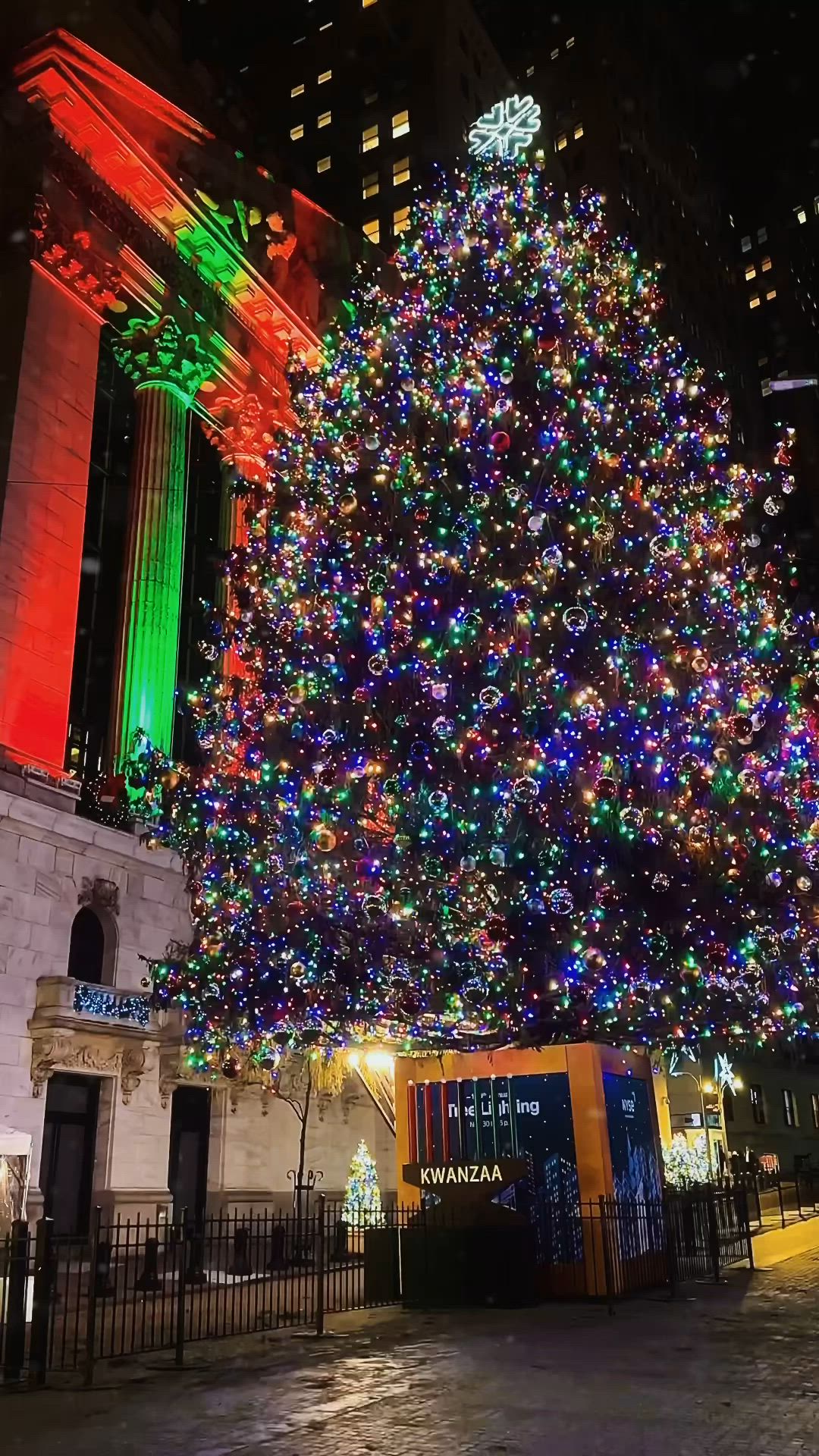 This may contain: a large christmas tree is lit up in the city