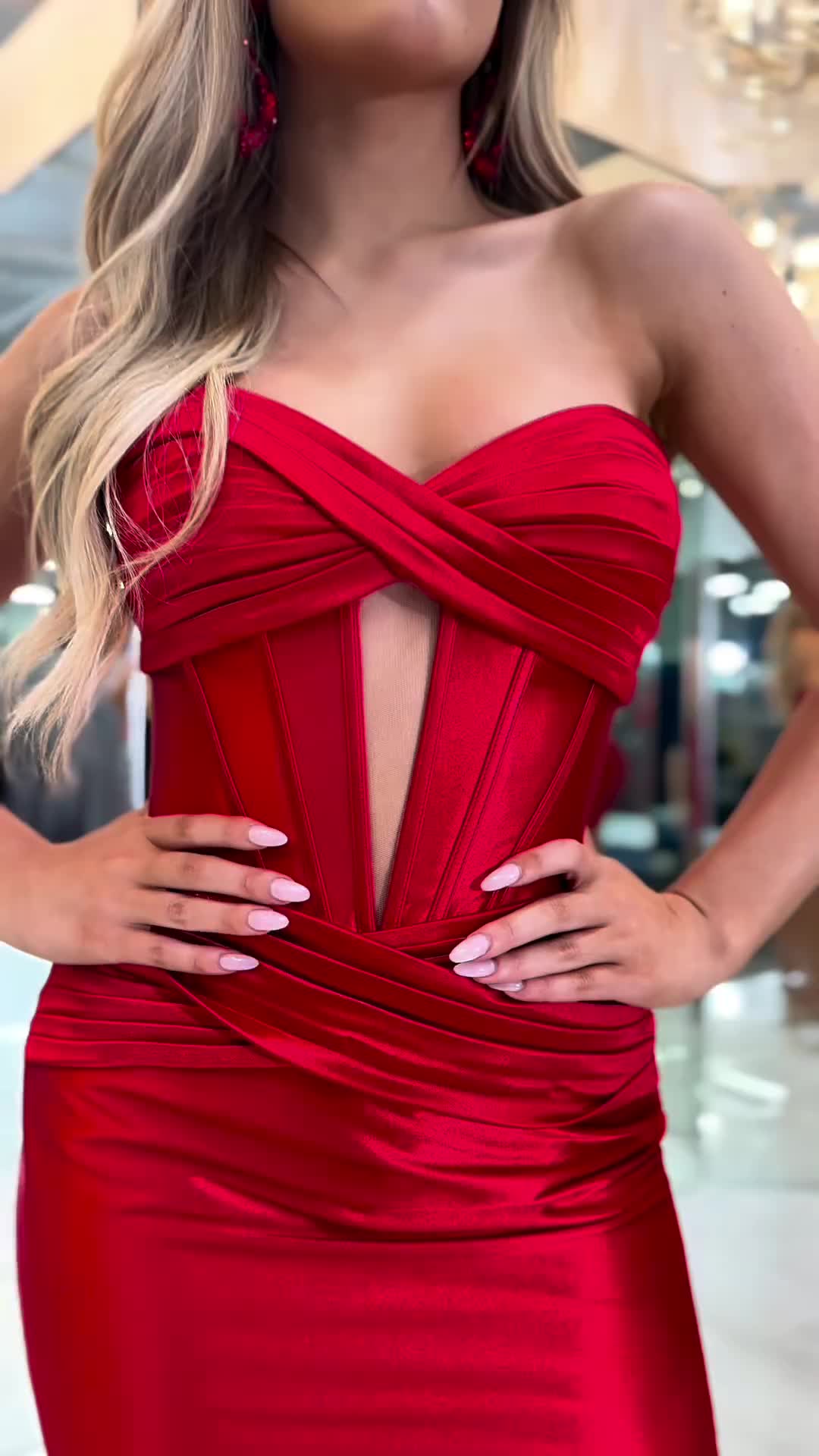 This contains: Fitted Red Short Cocktail Dress