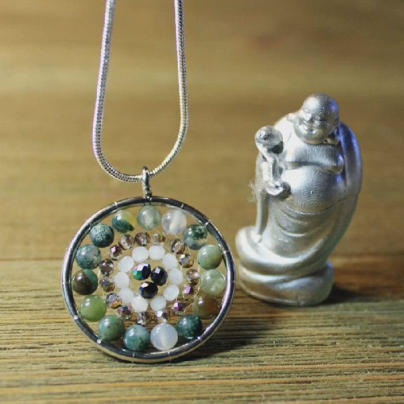 This contains an image of: MANDALA PENDANT necklace - Spiritual Jewelry Gift, fancy jasper stone pendant, aurora borealis