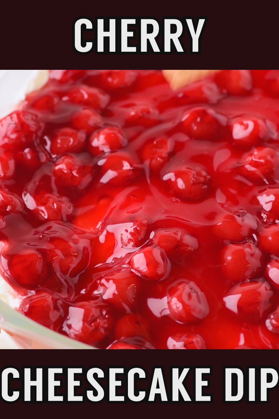 This may contain: cherry cheesecake dip recipe with text overlay