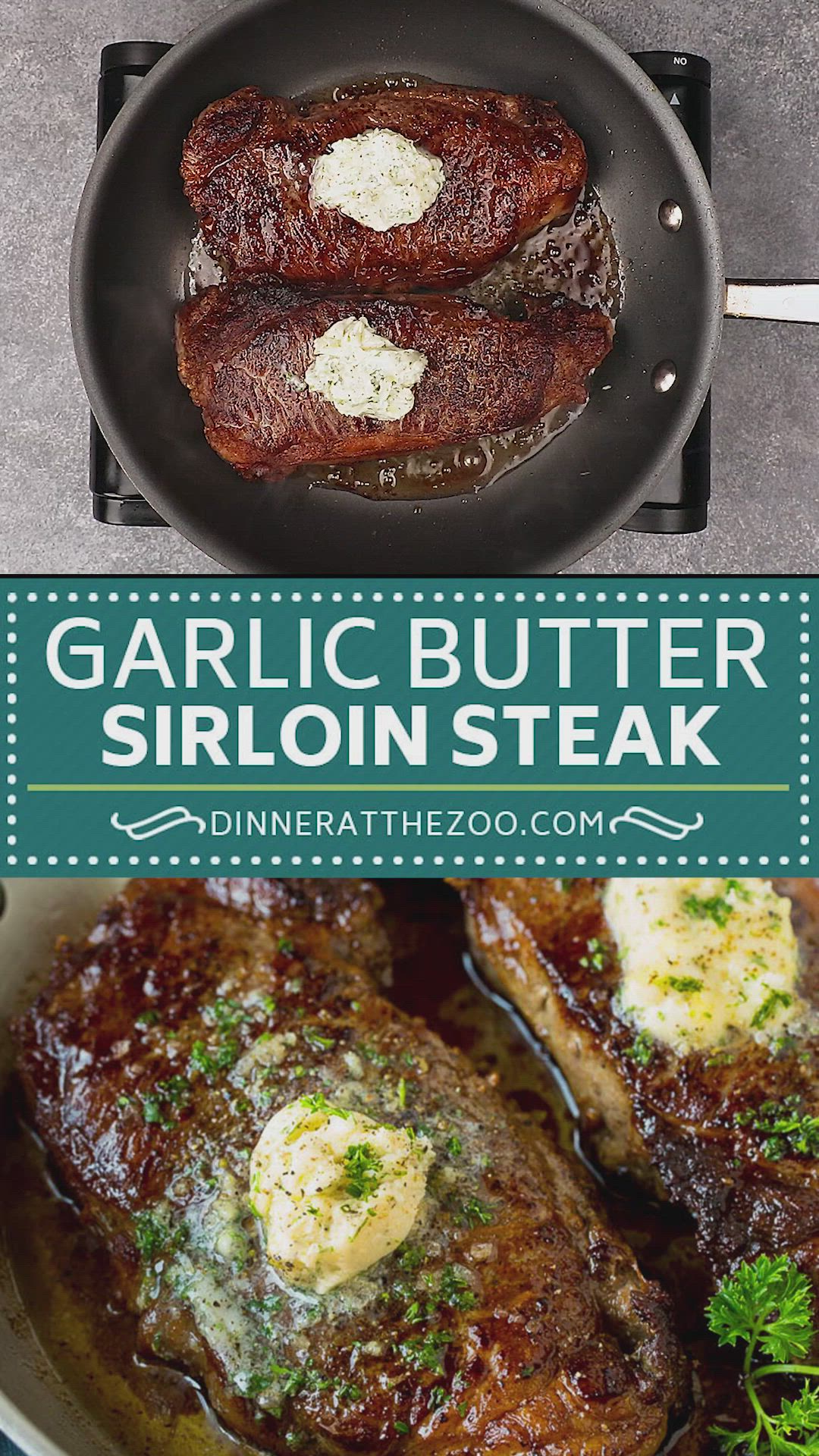 This may contain: garlic butter sirloin steak in a skillet