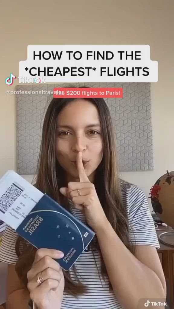 This may contain: a woman is holding up her passport and making a finger sign with the words, how to find the cheapest flights